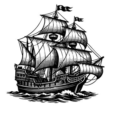 Magnificent vintage tall ship sailing on rough seas, a classic maritime woodcut illustration evoking ancient seafaring adventures and historical exploration, perfect for nautical themes and pirate lor