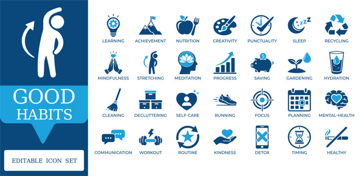 Good Habits and Healthy Lifestyle Icons. Featuring meditation, exercise, nutrition, and time management symbols. Editable vector set for wellness apps and productivity journals