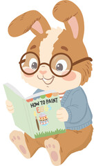 Cute cartoon bunny wearing glasses and a cozy sweater, sitting and reading a How to Paint Eggs book.