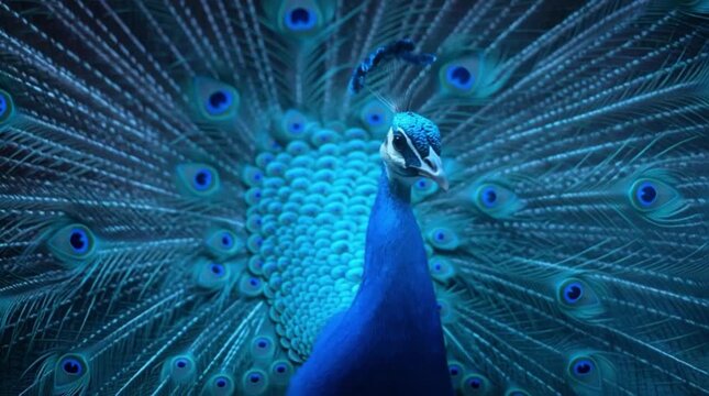 Peacock spreading tail feathers in forest scene hd