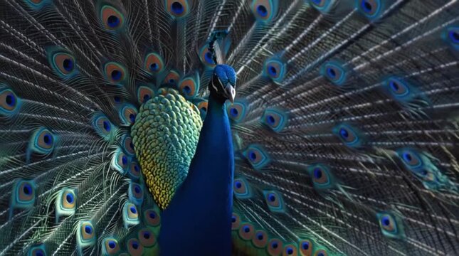 Peacock spreading tail feathers in forest scene hd