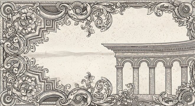 Ornate Vintage Border with Classical Columns and Floral Motifs
