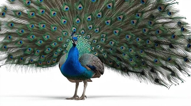 Peacock spreading tail feathers in forest scene hd