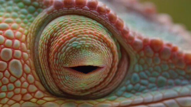 Vivid Chameleon Eye With Serene Colors. Macro Shot Of Colorful Chameleon Eye With Textured Rings