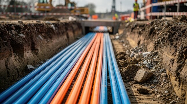 Trenched underground conduit filled with organized orange and blue electrical cables at a construction site.