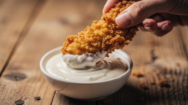 A hand dipping a crispy, golden-brown fried chicken strip into creamy white ranch sauce on a rustic wooden table.
