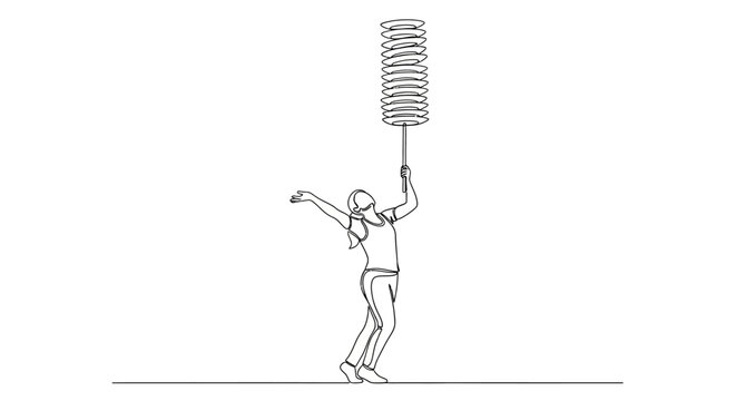 Woman balancing stack of plates on stick, line art illustration