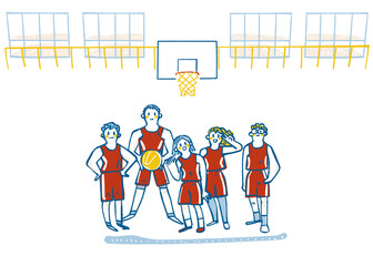 体育館のバスケットゴールを背景に並ぶユニフォーム姿の男女チーム。地域スポーツクラブのメンバー募集や練習風景の案内に最適な手書き風イラスト 