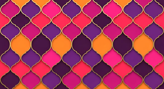 Colorful moroccan geometric pattern with gold outlines seamless design