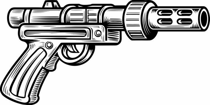 Vintage Sci-Fi Raygun Illustration &ndash; Retro Space Blaster Vector &ndash; Monochrome Laser Pistol Line Art