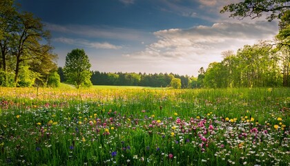 Obraz premium Wildflowers Spring To Summer In The Grass Between Trees