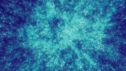 Obraz premium Abstract blue background of small round bokeh particles, beautiful holiday snowflakes, magical snow, energetic bright glowing cosmic stars
