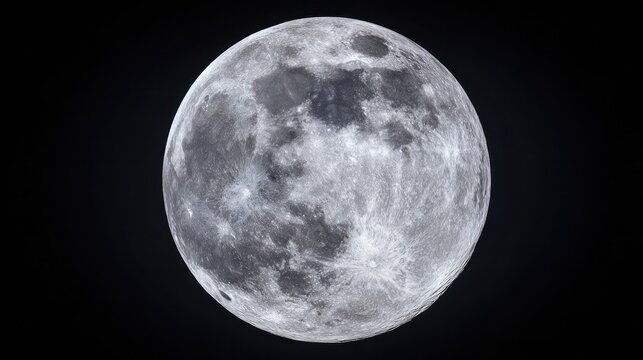 A high-resolution full moon isolated against dark space, showcasing detailed lunar surface under dramatic lighting. STEM education sheets.