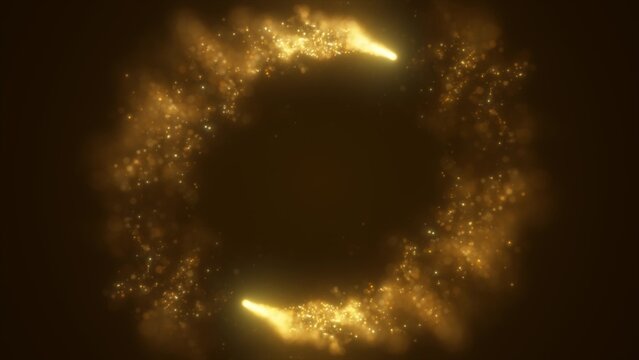Abstract yellow gold fiery energy lines and cyclic circles with magic bokeh from particles, abstract background