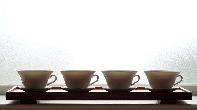 Four identical ceramic teacups arranged on a wooden tray. tutorial guides, club newsletters, designed for sports & leisure club marketing and tourism and weekend activity guides.