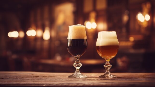 Two glasses of beer with varying foam on a wooden background in a cozy pub. bar promotions, beverage menus, designed for product packaging and bar promotions, inspires menu design.