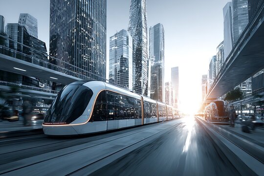 Sleek electric tram speeding through a modern glass skyscraper lined city with elevated walkways