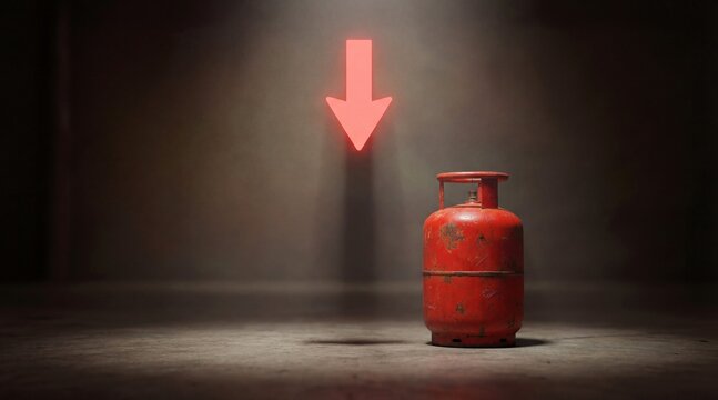 Glowing Red Neon Downward Arrow Above a Single Indian Style LPG Gas Cylinder Representing Falling Energy Costs and Fuel Price Reduction