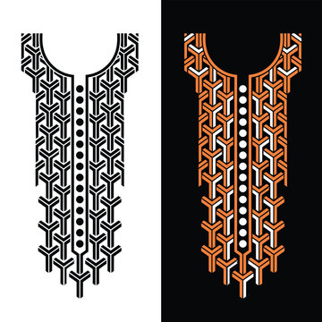 Geometric neck embroidery design featuring a repeating t-shape pattern on split background color