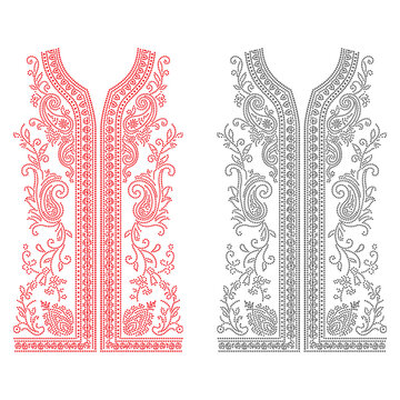 Two decorative paisley rhinestone neck patterns in red and dark gray for fashion garment design