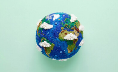 Fototapeta premium Handmade felted wool globe of planet earth on light green background.