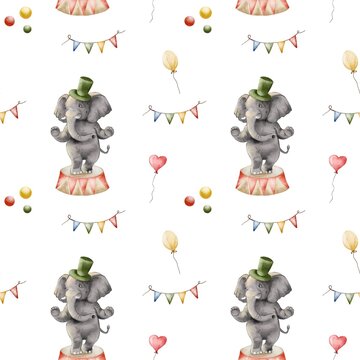Elephant on circus platform with balloons and flags in a colorful pattern design for various uses