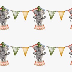 Endless pattern of elephants on circus pedestal with colorful flags for wrapping and design © Yuliia Kostenko
