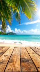 Fototapeta premium Wooden deck in foreground overlooks a bright tropical beach scene