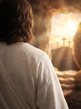 The risen Jesus looking out from the empty tomb at sunrise, with crosses