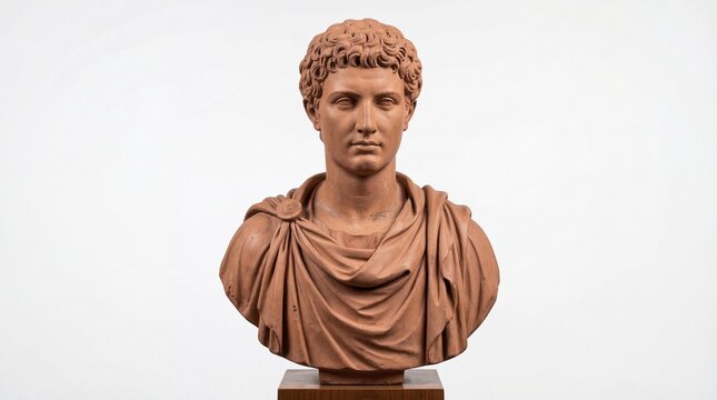 Classical terracotta bust of a young roman man featuring traditional toga and curly hair style