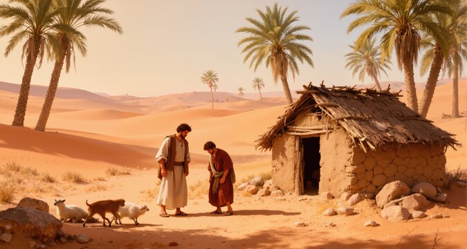 Parable of the prodigal son, desert landscape with a hut and palm trees
