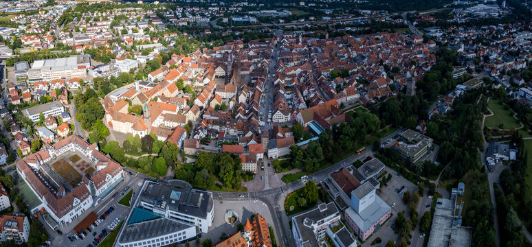 Aerial view beside the old town of the city Villingen-Schwenningen in south Germany, Baden-W&uuml;rttemberg on a cloudy spring noon