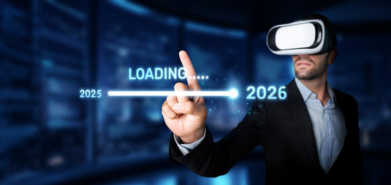 A professional man wearing a virtual reality headset interacts with a digital timeline showcasing the transition from 2025 to 2026, emphasizing technological advancement. XDMCP