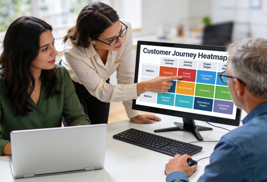 Businesswoman explaining customer journey heatmap to colleagues in modern office