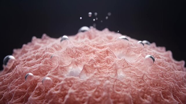 Close-Up of Biological Cell Surface With Water Droplets Forming and Moving