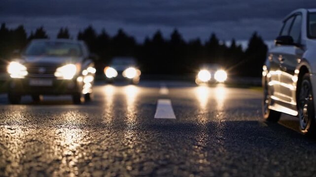 low angle highway at night headlights approach across textured asphalt dark forest silhouette frames multiple sedans converging in oncoming lanes, tense commute atmosphere, cinematic bokeh, headlamp
