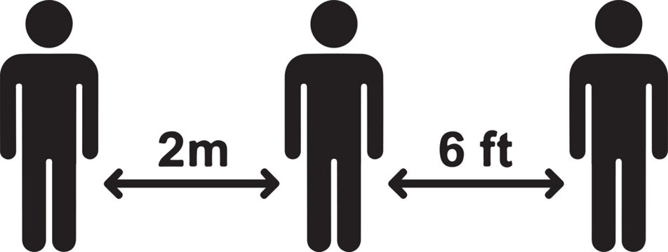 Black silhouettes of people with social distancing measurements