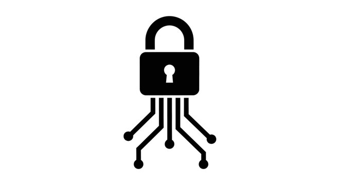 Digital Security Padlock Icon with Circuit Lines, Network Protection Outline on Isolated White Background