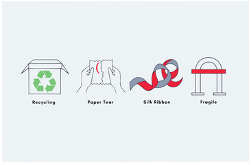 Fototapeta premium Unboxing experience concept with recycling box, paper tear, silk ribbon, and fragile symbol. Outline icon set on white background. Vector illustration