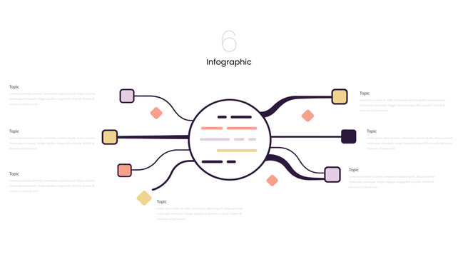 Six step infographic template. Artificial intelligence flowchart diagram, abstract doodle process data visualisation. Business, workflow, presentation roadmap, analytics, strategy and dashboard report