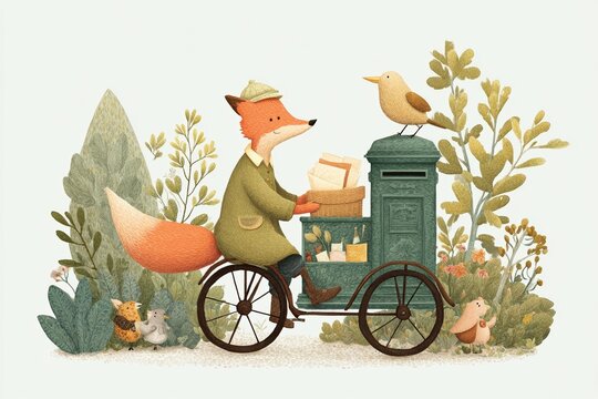 Fox postman bicycle mailbox nature forest bird animals outdoor delivery postal service anthropomorphic character storytelling fantasy charming quaint