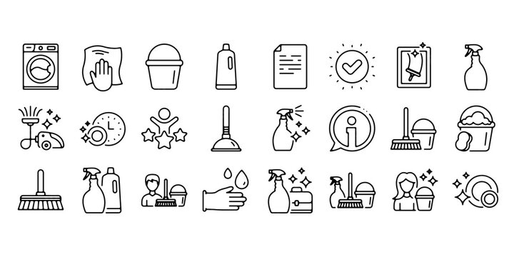 Laundry, window sponge and vacuum cleaner icons. Cleaning line icons. Washing machine, housekeeping service and maid cleaner equipment. Window cleaning, wipe off, laundry washing machine.