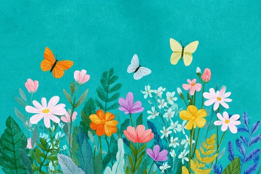 Colorful garden scene with butterflies and flowers.