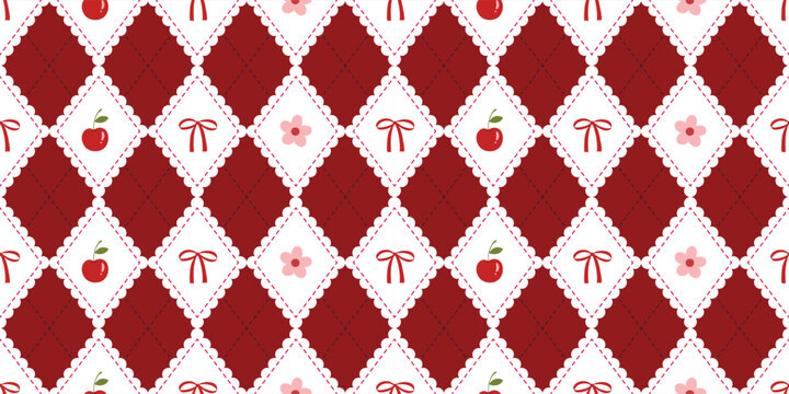 Coquette seamless red argyle pattern with a classic preppy vibe, scalloped-edge diamonds filled with hand-drawn cherries, pink blossoms, and red bows, sweet, feminine look for textiles, stationery, an