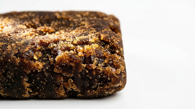 Raw Gula Aren Palm Sugar Block Crystal Surface Macro Raking Light White Background Studio Indonesian Ingredient Photography