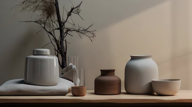 Ceramic and glass vessels with natural wood accents in a minimalist wabi sabi still life, arranged on a wooden surface with soft sunlight and gentle shadow play