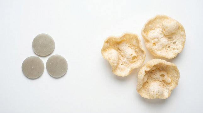 Indonesian Krupuk Raw Flat Versus Puffed Expanded Side by Side White Background Studio Comparison Food Photography
