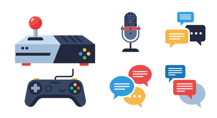 Retro gaming console with joystick microphone and chat bubbles. © Roti