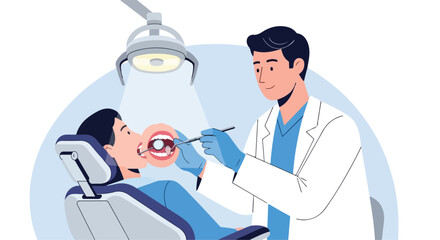 Fototapeta premium A dentist examines a patient's teeth with a dental tool in a clinic setting with blue tones.