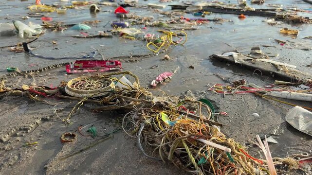 Plastic waste, Marine Plastic, fishing gear, rope and marine debris  pollute the beach in Thailand 